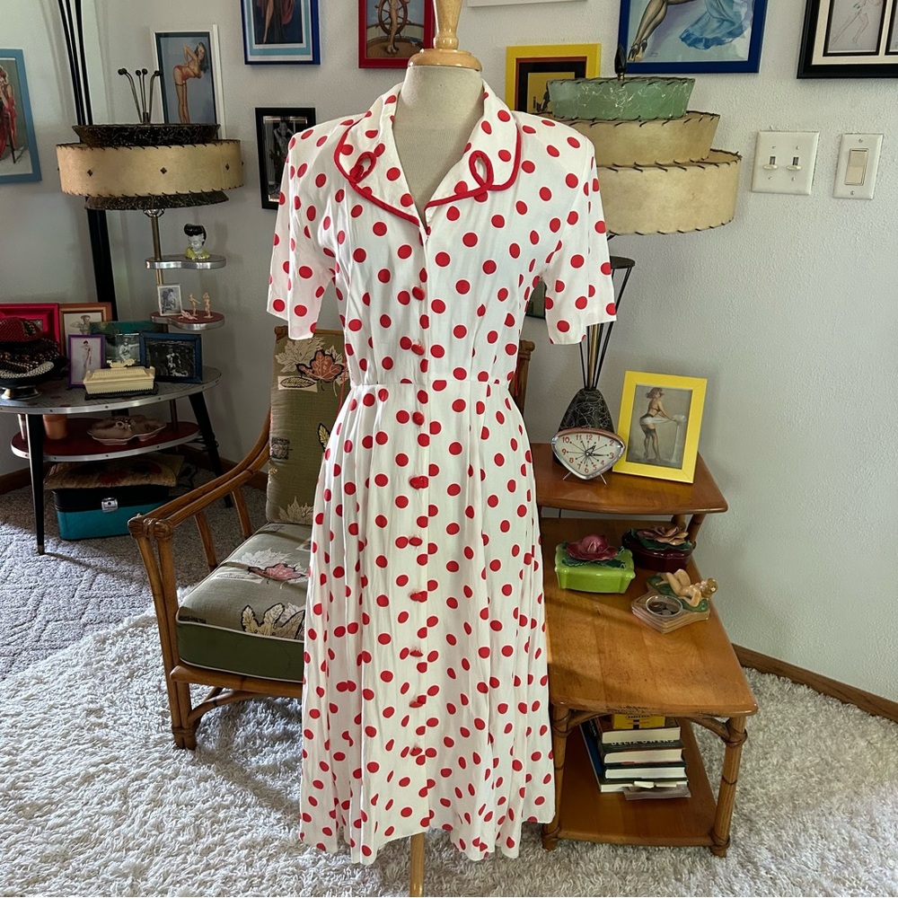 SOLD SOLD Vintage 1950s Style Dress White Red Polka Dot M L Pinup Rockabilly 50s - Picture 3 of 8
